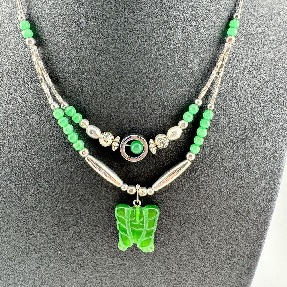 Vintage Jade Butterfly Necklace Bohemian Cottagecore Fairy Summer 925 Hematite
